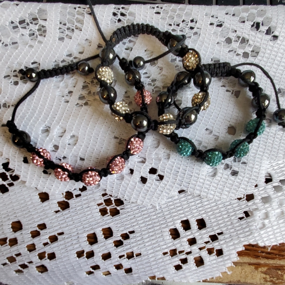 Three Shamballa TypeBracelets | Aqua, Pink & Clear